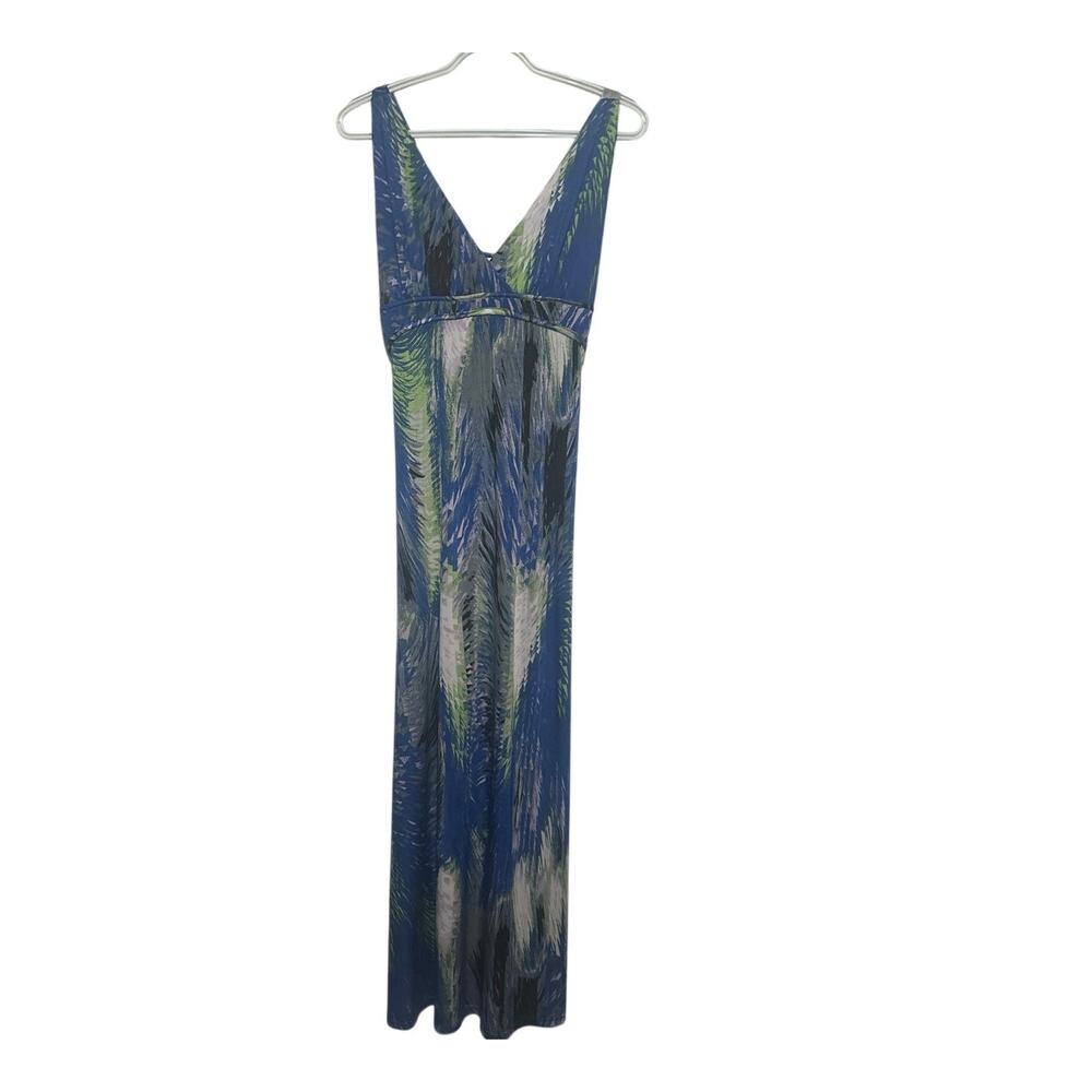 Raindrops by Papillon Women's Blue Green Black V-Neck Maxi Dress Size M